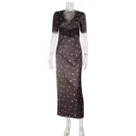 Elegant Womens Dress Satin Lace Panel V Neck Hollow Out Polka Dot Print Mid Length Sleeve Perfec
