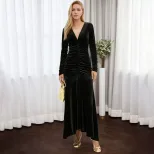 Elegant Black Velvet Long Dress Deep V Neck Side Waist Pleats Fitted Mermaid Hem Spring Summer E