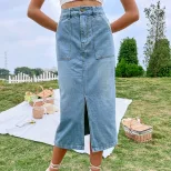 A Line Split Hem Denim Skirt Elegant Design High Waist Comfortable Fit Casual Wear Spring Summer