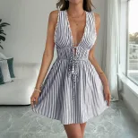 Sleeveless Striped Summer Dress Deep V Neck Vacation Style Trendy Design Available for Wholesale