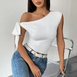 Womens Off Shoulder T Shirt Sexy Asymmetrical Neckline Short Length Unique Design Spring Summer
