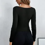 Slim Fit Knitted Long Sleeve T Shirt Asymmetrical Neckline Versatile Style Fashionable Chic Autu