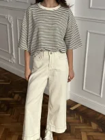 Womens Black and White Striped Short Sleeve T Shirt Color Block Loose Fit Round Neck Casual Top
