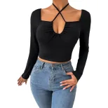 Womens Knit Long Sleeve Top Sexy Hollow Out Lace Up Design Slim Fit Autumn Winter Fashion Wholes