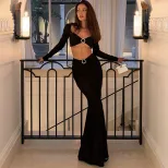Elegant Womens Two Piece Set Sexy Hollow Out Crop Top and Skirt Metal Button Design Perfect for