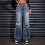 Womens Casual Loose Straight Leg Ripped Denim Jeans Comfortable Fit Stylish Design Versatile for