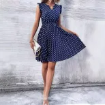 Polka Dot Ruffled Dress V Neck Short Sleeve Lightweight Fabric Casual Summer Wear Wholesale Avai