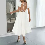 French Vintage Puff Sleeve A Line Midi Dress Waist Defining Flattering Fit Elegant Style Wholesa