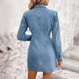 Vintage Slim Fit Long Sleeve Denim Dress Waist Defining Elegant Style Perfect for Casual Outings