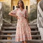 Floral Print V Neck Midi Dress Ruffled Hem Pink Color Country Style Perfect for Spring Summer Wh