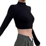 Slim Fit Half Turtleneck T Shirt Sexy Backless Design Long Sleeve Short Crop Spring Summer Women