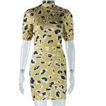 Fashionable Lantern Sleeve Mini Dress Stand Collar Printed Shoulder Pads Slim Fit Casual Summer