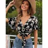 Casual Floral Print V Neck Short Sleeve Top Flared Design Versatile Style European and American