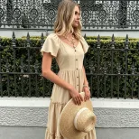 French Style V Neck Short Sleeve Cake Dress Slim Fit Waist Defining Lightweight Fabric Summer Va