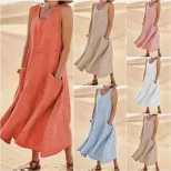 Summer Womens Cotton Linen Dress Sleeveless Round Neck Pocket Design Casual Wear for Everyday Us