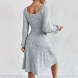 Womens Spring Summer Dress Square Neck Waist Tie Flared Skirt Long Sleeve Striped Fabric Casual