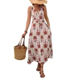 Tropical Floral Print Maxi Dress Sleeveless V Neck Flowy Design Perfect for Vacation or Resort W
