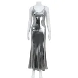 Metallic Silver Backless Mermaid Dress Sexy Sleeveless Liquid Fabric Elegant Evening Gown Wholes