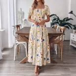 Floral Print Square Neck Short Sleeve Dress French Vacation Style Summer Collection Wholesale Av