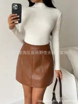 A Line PU Leather Mini Skirt Slim Fit Autumn Winter Style Trendy for Casual Wear Ready to Ship