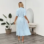 Striped Puff Sleeve Shirt Dress Summer Long Dress for Dating and Commuting Lightweight Stylish C