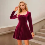 Elegant Burgundy Velvet Dress Slim Fit Short Length Spring Summer Style Wholesale Available cust