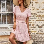 Floral Midi Dress Elegant Sweet Style Pink Color Ruffled Hem V Neck Perfect for Spring Summer Ev