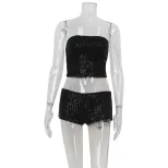 Womens Sexy Strapless Crop Top and Ultra Short Shorts Set Trendy Sequined Design Perfect for Par