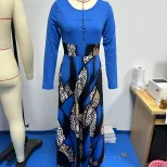 Casual Long Sleeve Maxi Dress 200g Fabric Floral Print Round Neck Perfect for Spring and Summer