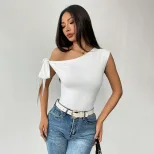 Womens Off Shoulder T Shirt Sexy Asymmetrical Neckline Short Length Unique Design Spring Summer