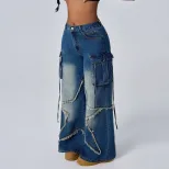 Vintage Star Print Denim Cargo Pants for Women Retro Style Casual Fit Versatile Wear Wholesale A