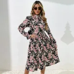 Floral Long Sleeve Midi Dress High Neck Elegant Design Trendy Style Perfect for Parties and Even