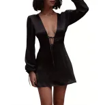 Womens Sexy Spring Summer Dress Deep V Neck Unique Design Tie Waist Short Skirt Perfect for Part