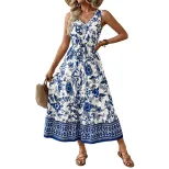 Vintage Floral Print Sleeveless Dress Summer Vacation Style Lightweight Fabric Elegant Design Wh