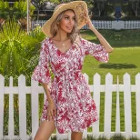 Tropical Print Short Sleeve Dress for Women Summer Vacation Style Available in Red and Blue Wholesale Supply