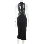 American Style Sleeveless Bodycon Dress High Elasticity Cut Out Back U Neck Slim Fit Solid Color