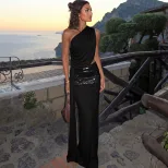 Sleeveless Sequin Trimmed Dress Sexy Backless Design Asymmetrical Neckline Solid Color Spring Fa