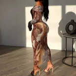Vintage Floral Print Off Shoulder Long Sleeve Bodycon Dress Double Layer Collar Sexy Fit Perfect