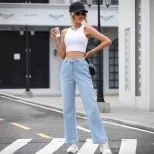 High Waisted Straight Leg Casual Denim Pants Versatile Fit Comfortable Fabric Trendy Style Whole