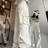 美式高街白色工装裤女秋季新款设计感多口袋宽松显瘦阔腿长裤子潮