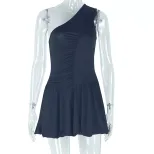 Off Shoulder Pleated Mini Dress Elegant Ruffle Hem Slim Fit Solid Color Fashionable for Parties