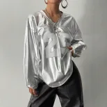 Womens Casual Long Sleeve V Neck Top Letter Print Street Style Trendy Design Perfect for Everyda