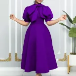 Summer Womens Short Sleeve Bow Tie A Line Party Dress Elegant Design Comfortable Fabric Versatil