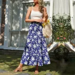 High Waisted Floral Midi Skirt Slim Fit Blue Color Comfortable Fabric Casual Wear Summer Style W