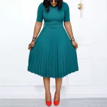 Plus Size Womens Summer Dress Belted Pleated Round Neck Mid Length Casual or Formal Occasions Wh
