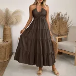 Casual Vacation Style Halter Neck Maxi Dress Solid Color Layered Design Flowy Silhouette Perfect