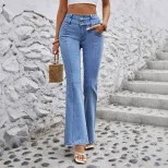 Womens Stretchy Casual Straight Leg Denim Pants Versatile Design Comfortable Fit Trendy Style Wh