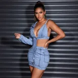 Off Shoulder Denim Bodycon Dress Single Sleeve Lapel Collar Stretch Fabric Casual Wear for Parti