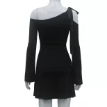 Off Shoulder Long Sleeve Bodycon Dress Slim Fit Solid Color Adjustable Straps Evening Wear Cockt