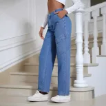 Womens Straight Leg Denim Jeans Trendy Street Style Pocket Design Casual Wear Wholesale Availabl